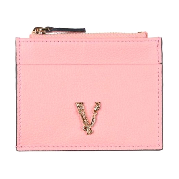 VERSACE Gold Metal Logo Virtus Calfskin Grain Pink Leather ID Card Coin Holder - Picture 1 of 12
